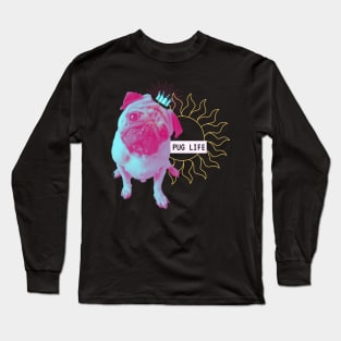 Pug Life Dog Vaporwave Party Techno Glitch Fun Long Sleeve T-Shirt